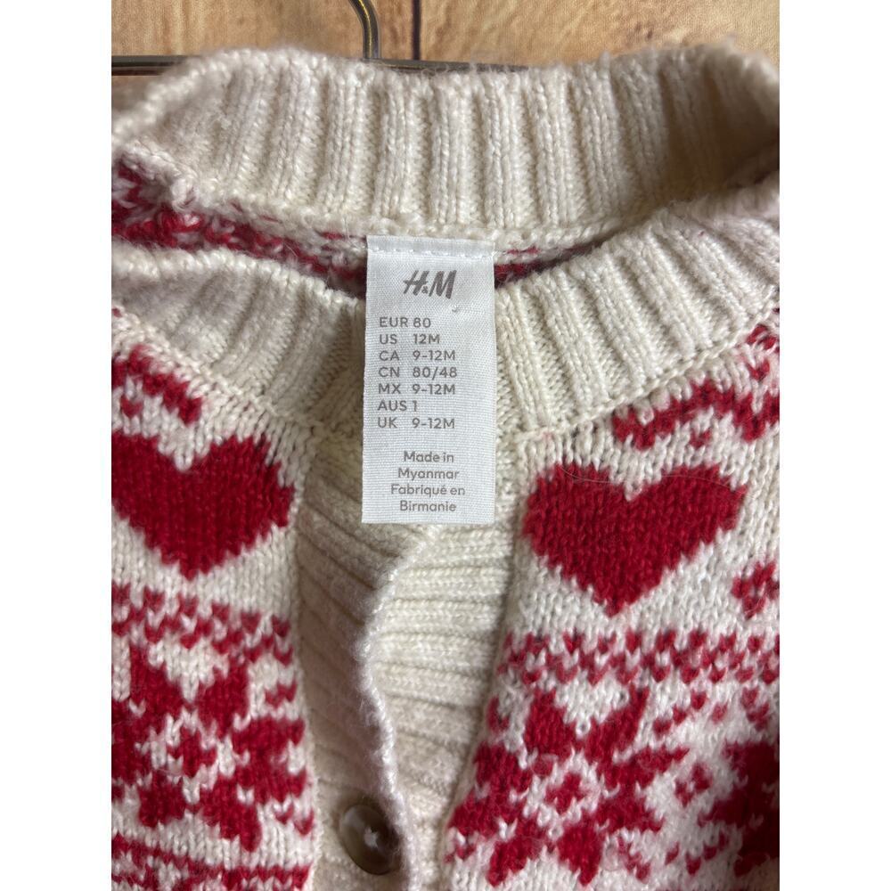 H&M Cardigan Heart Fair Isle Baby Toddler Girls Cardigan Sweater Red Cream 12 M - Picture 4 of 5